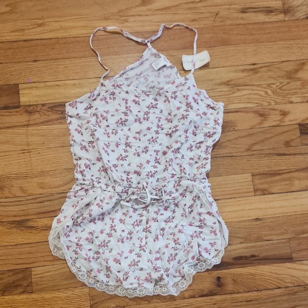 Forever 21 White and Pink Floral Lingerie Romper